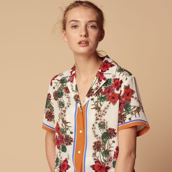 Sandro Women's Silk Floral Print Short Sleeved Button Down - Picture 1 of 11
